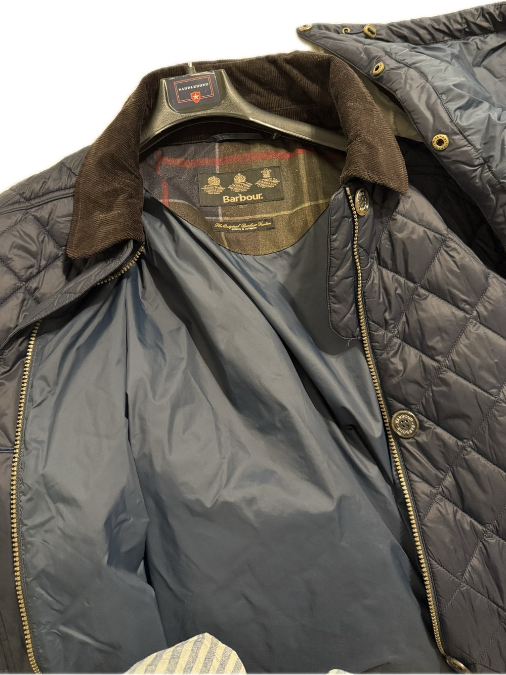 SOLD-Barbour Quilted Puffer Coat in Navy, Corduroy Trim Collar, Detachable Hood - Picture 3 of 7
